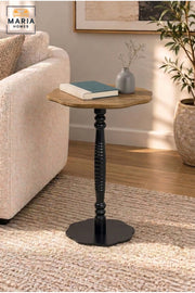 Modern Wood Top Side Table with Decorative Black Pedestal Base, Compact Accent Table for Living Room, Bedroom, Sofa Side & Lounge – 40 × 60 cm