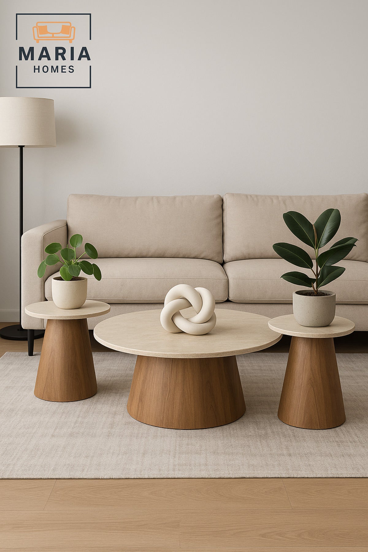 3-Piece Coffee Table Set Ð Beige Laminate Top with Brown Wooden Base (1 Large + 2 Small)