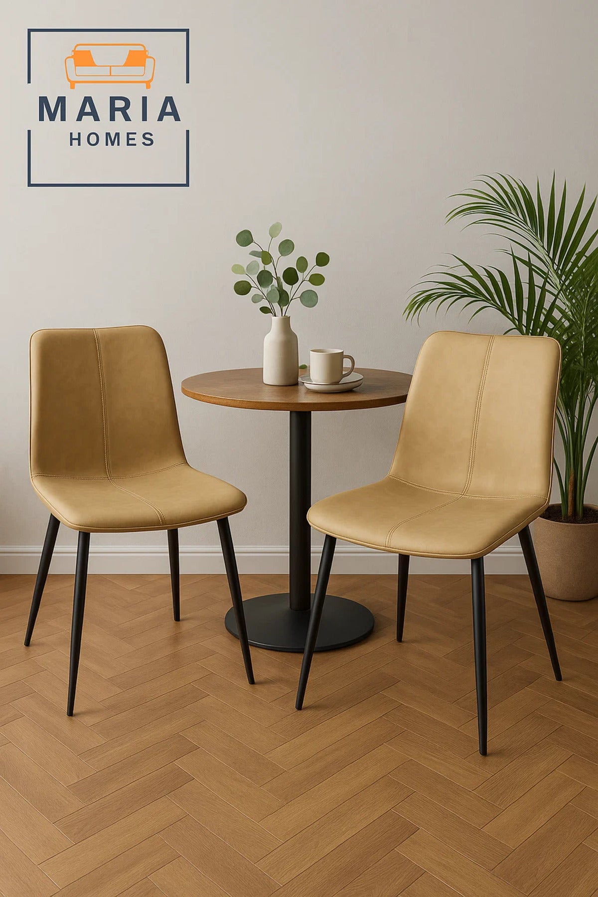 Beige Faux Leather Dining Chair with Stitch Detail and Black Metal Legs Ð Modern Minimalist Design