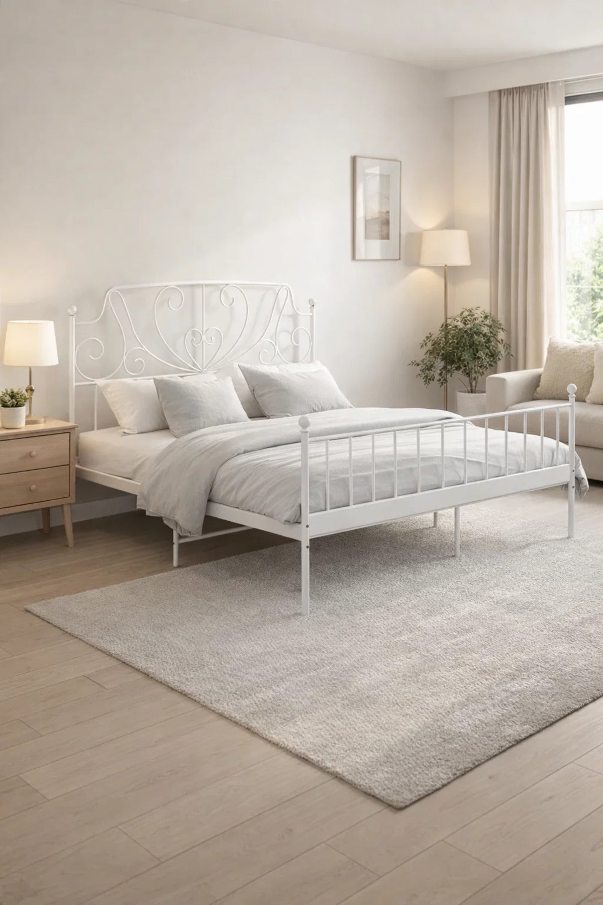 White Metal Bed Frame with Elegant Headboard WHITE (180*200 cm)