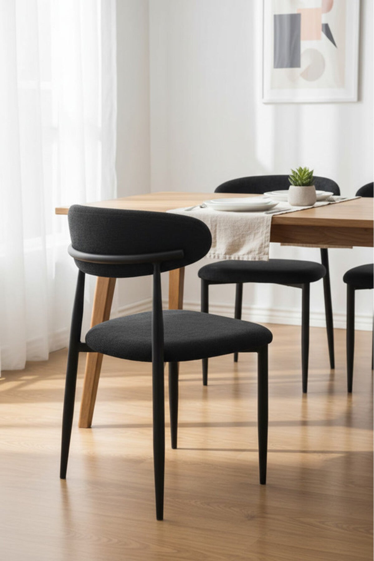 Modern Black Fabric Dining Chair with Curved Backrest & Solid Wood Legs
