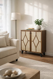Brown and Beige Shoe Cabinet with Geometric Door Design 80 x 32 x 93 cm