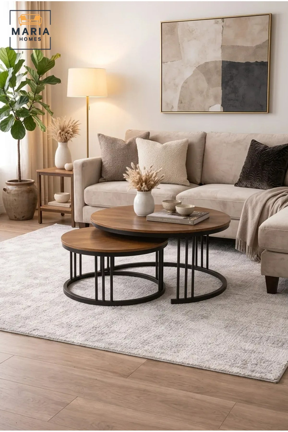 Modern Nesting Coffee Table Set with Round Wood-Effect Tops and Open Frames, Space-Saving Center Tables for Living Room, Lounge and Apartment