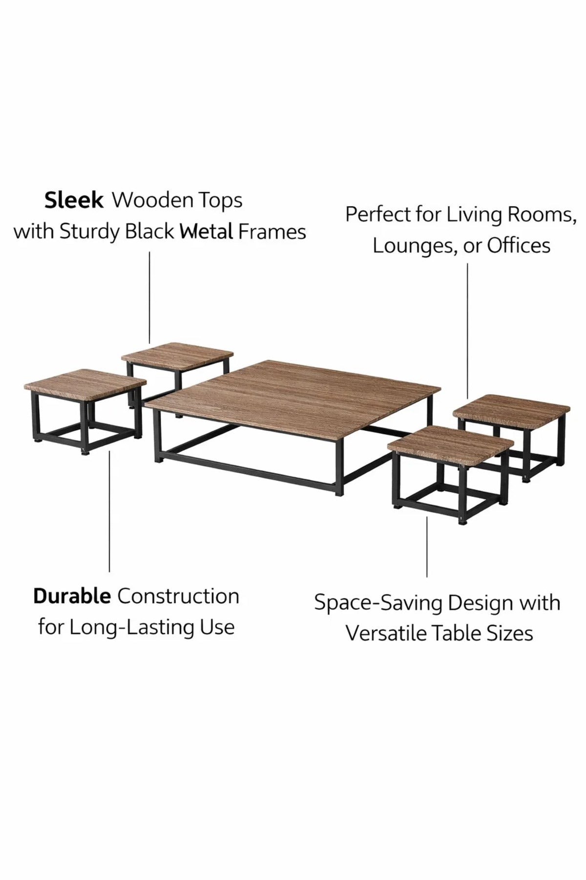 5 Piece Low Center Table Set Industrial Wood Metal Frame Square Coffee Table for Floor Seating Area