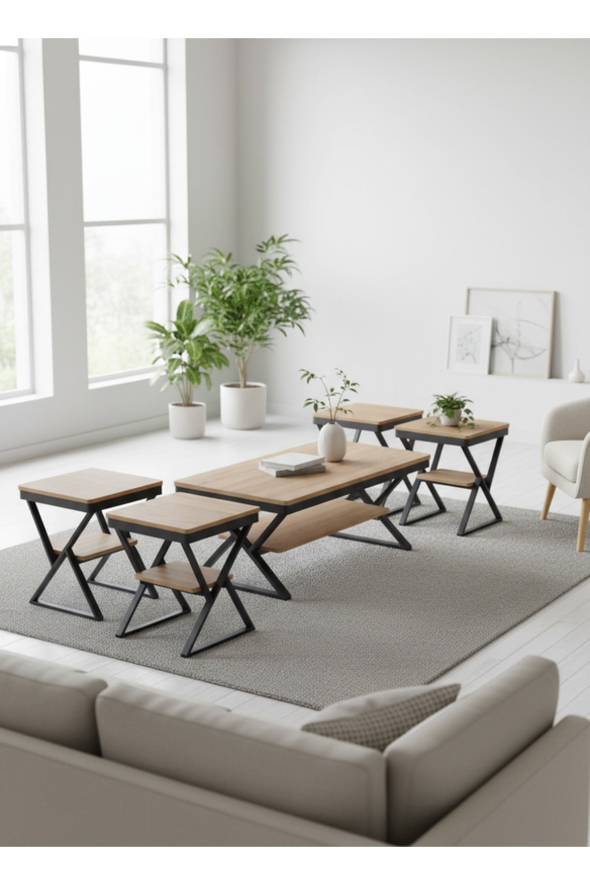 Modern 5-Piece WOOD Center Table Set with Metal Frame and Wood Finish