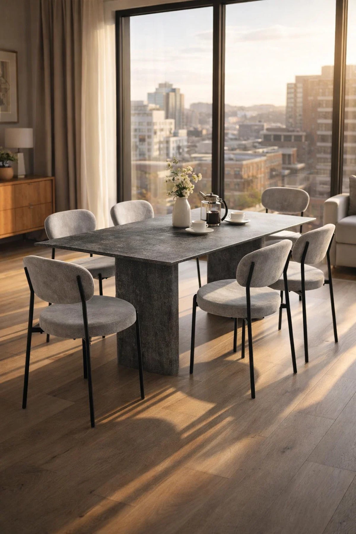 Luxury Grey Dining Table Set 6 Chairs Stone Look 150cm Modern Furniture for Kitchen Dining Room