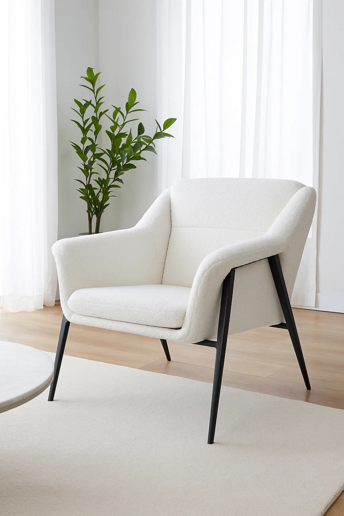 Modern Boucle Accent Chair for Living Room Cozy Armchair with Metal Legs and Soft Fabric (White)