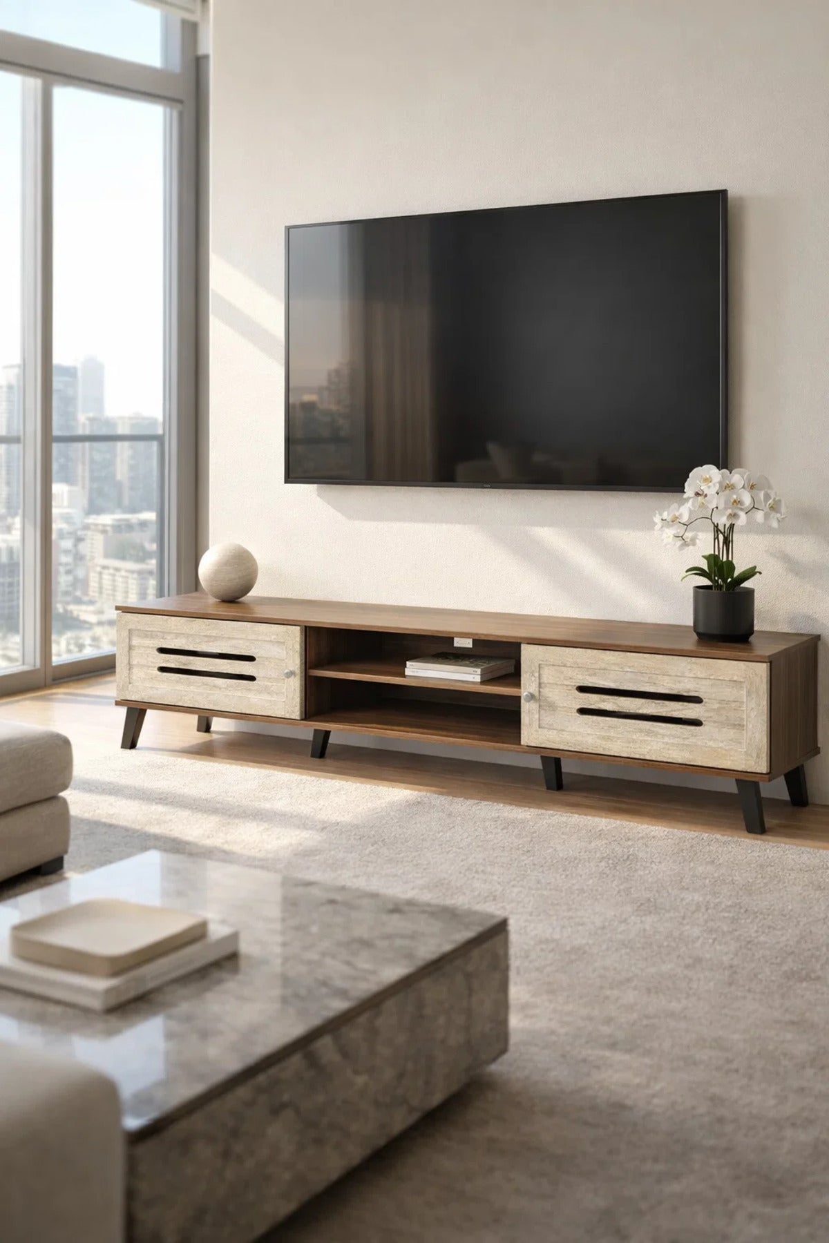 Modern Wooden TV Stand Dark Brown with Beige Front Panels 180 x 40 x 43 cm