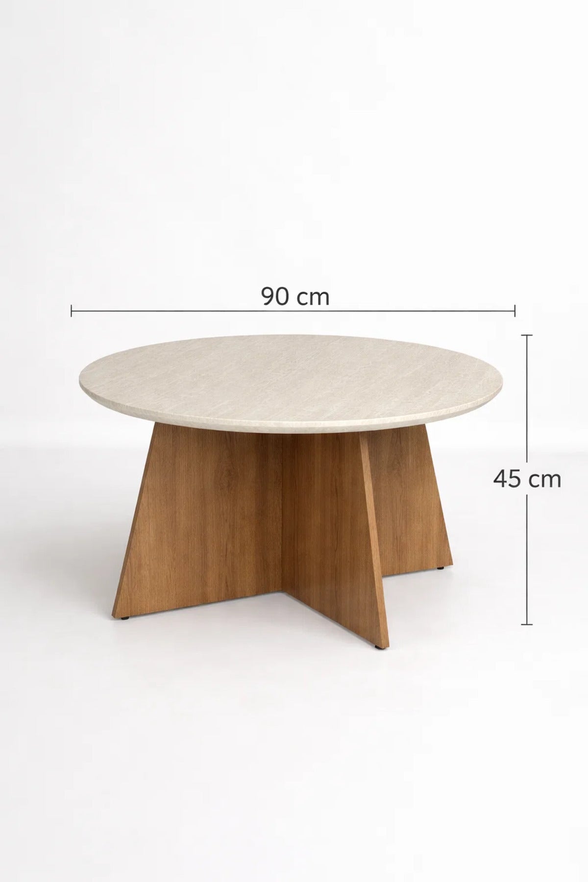 Round Coffee Table Marble Top with Brown Wooden Legs 90 x 45 cm