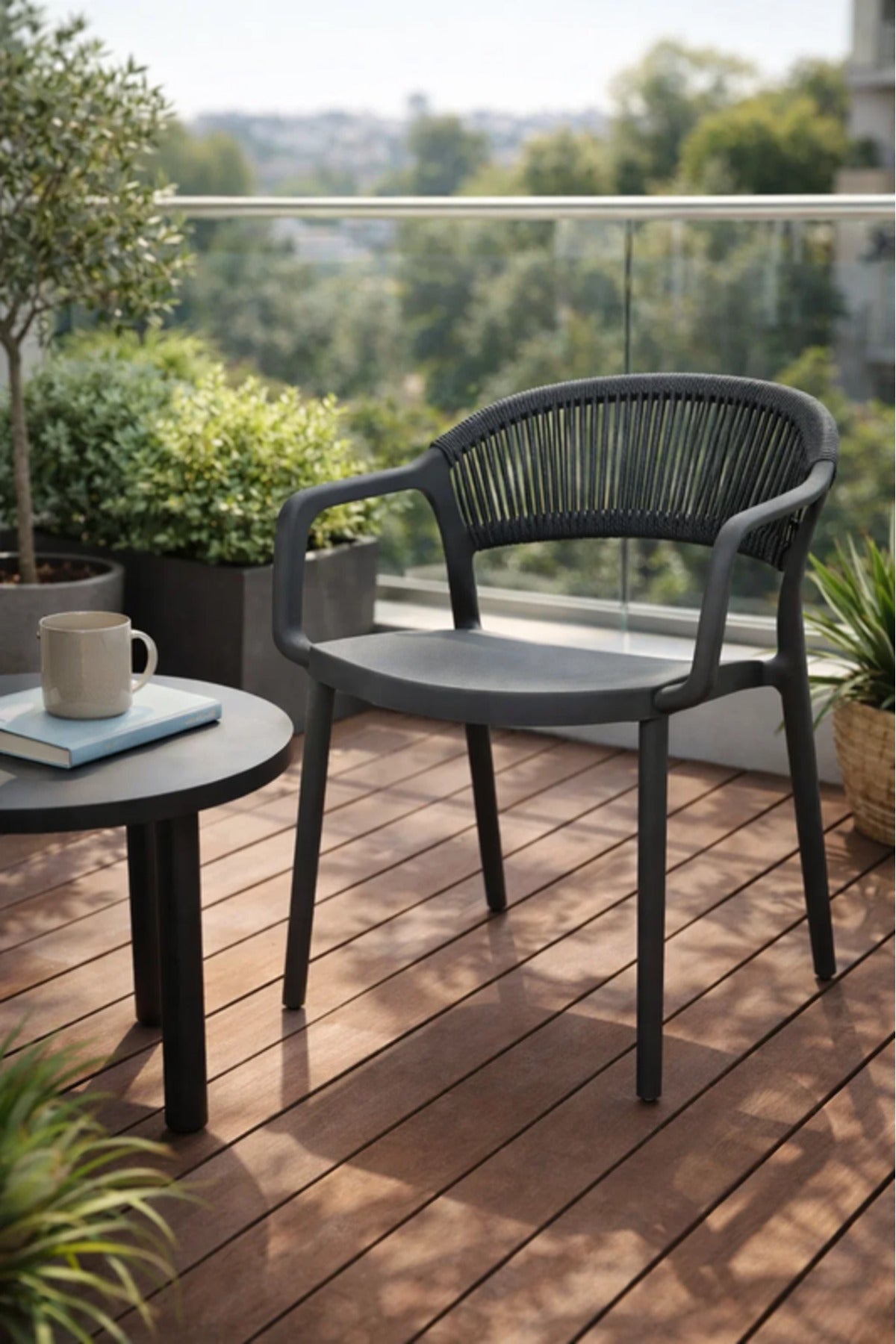 Modern Grey Rattan Back Dining Chair with Armrests for Indoor Outdoor Seating