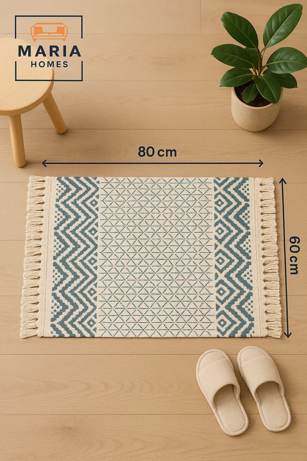 Geometric Cotton Accent Rug with Blue Diamond Pattern and Fringe √êsize 60x80 cm