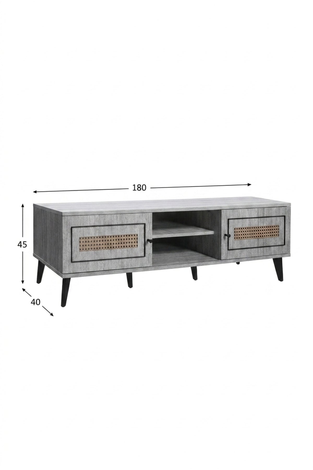 Modern Rattan Style TV Unit 180 _ 40 _ 45 cm √ê Wooden Entertainment Center with 2 Doors and Open Storage Shelf