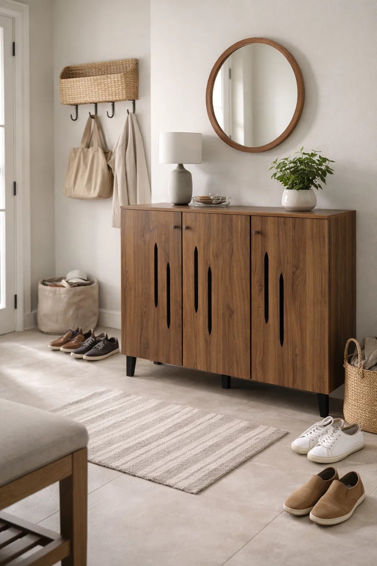 Modern Wooden Shoe Cabinet Dark Brown with Vertical Cut Out Design 120 x 32 x 94 cm