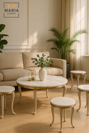 Ceramic Marble Tea Table Set 1+4 – Round Coffee Table and Side Tables 90×90×45 / 45×45×55