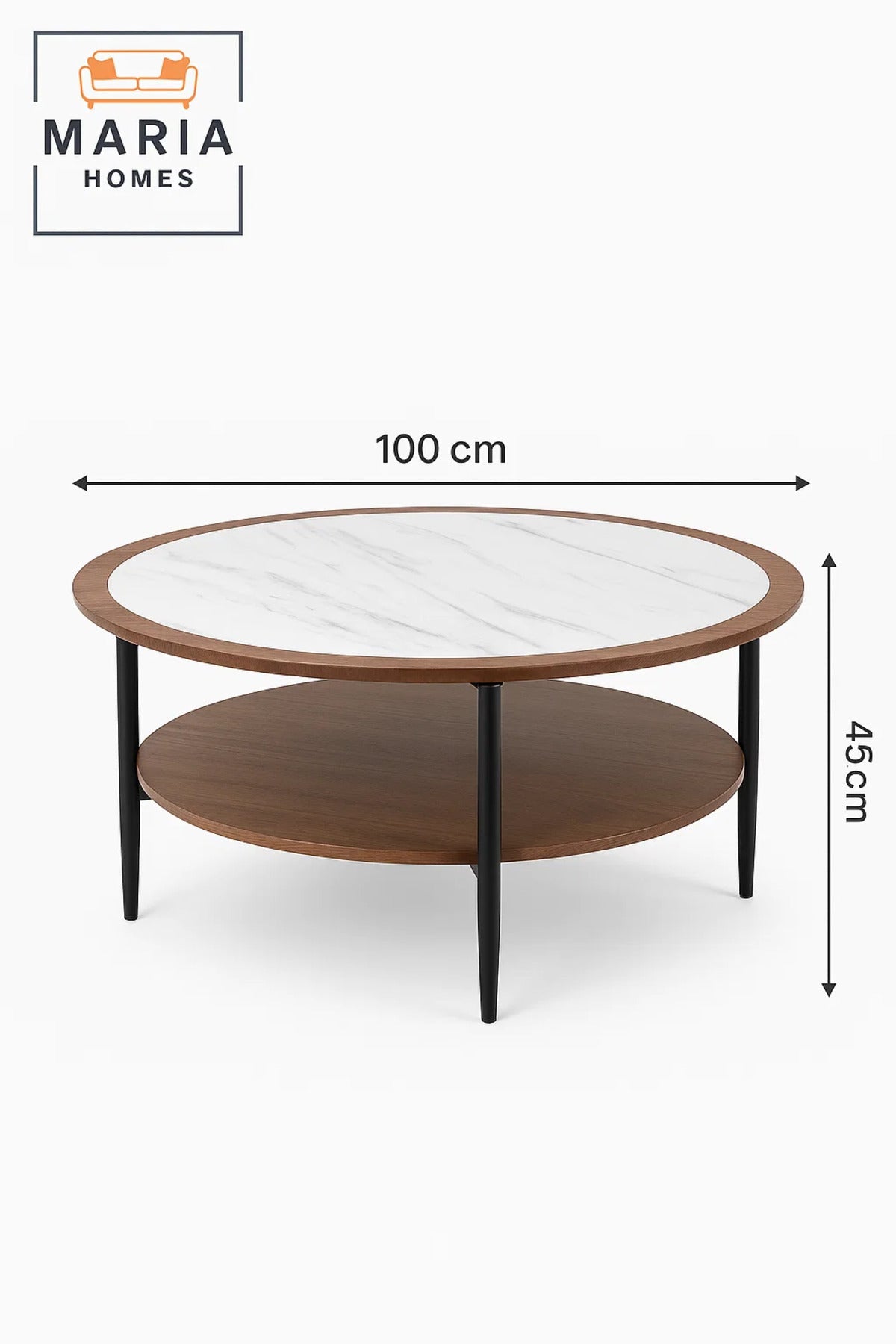 Elegant marble and walnut round coffee table with shelf