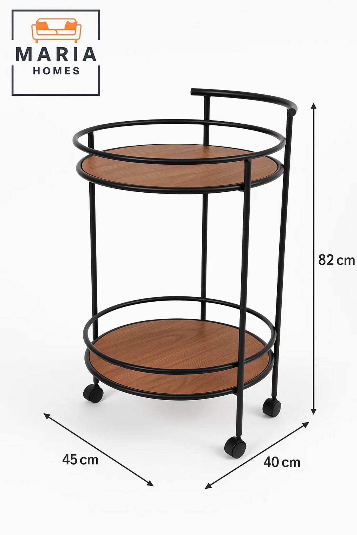 Round 2-Tier Wooden Serving Trolley with Black Metal Frame and Wheels