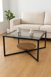 Modern Coffee Table with Black Metal Frame and Brown Wood Shelf Glass Top Table 75_75_46cm