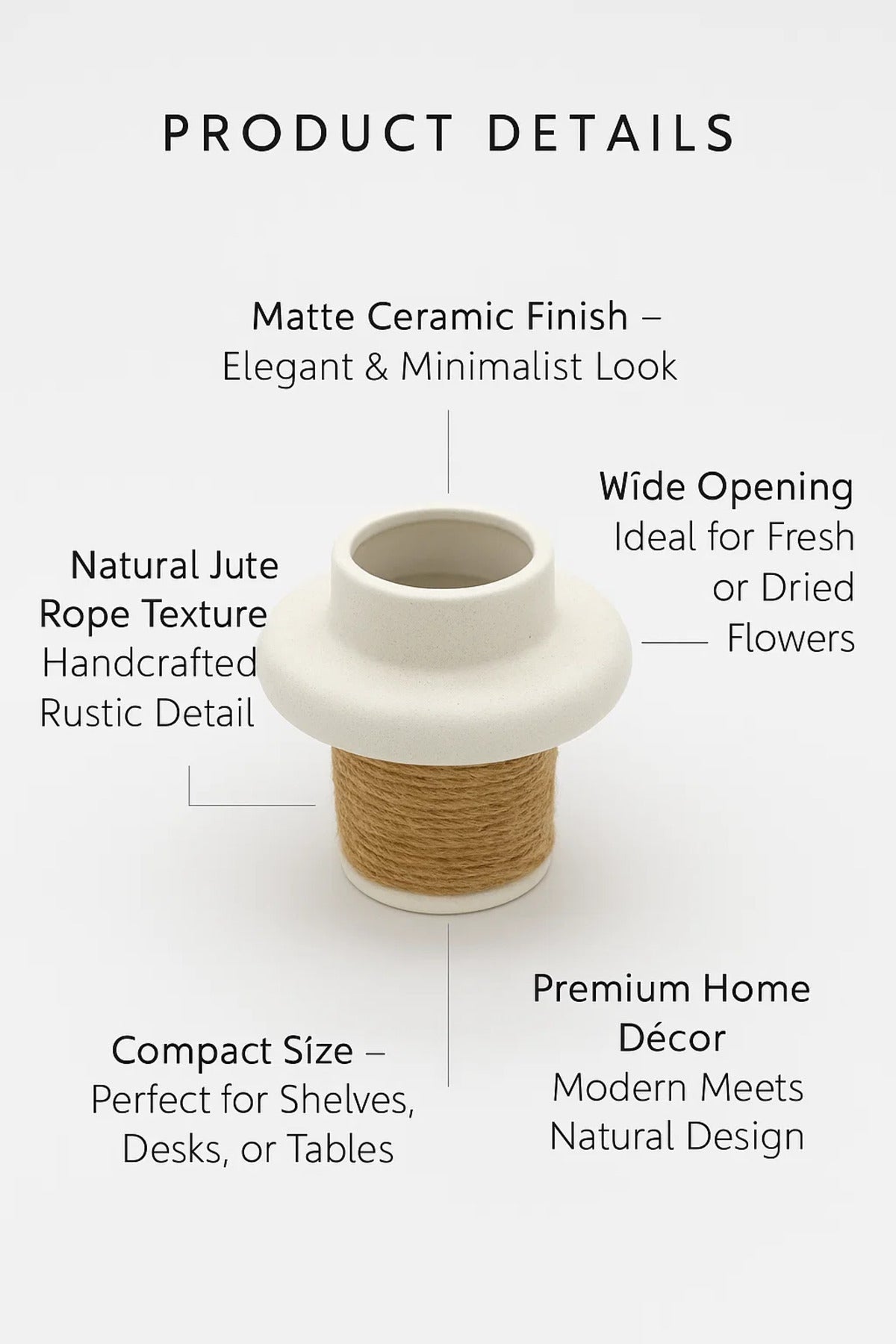 White Ceramic Rope Design Vase Ð Modern Decorative Flower Pot for Home and Office DŽcor