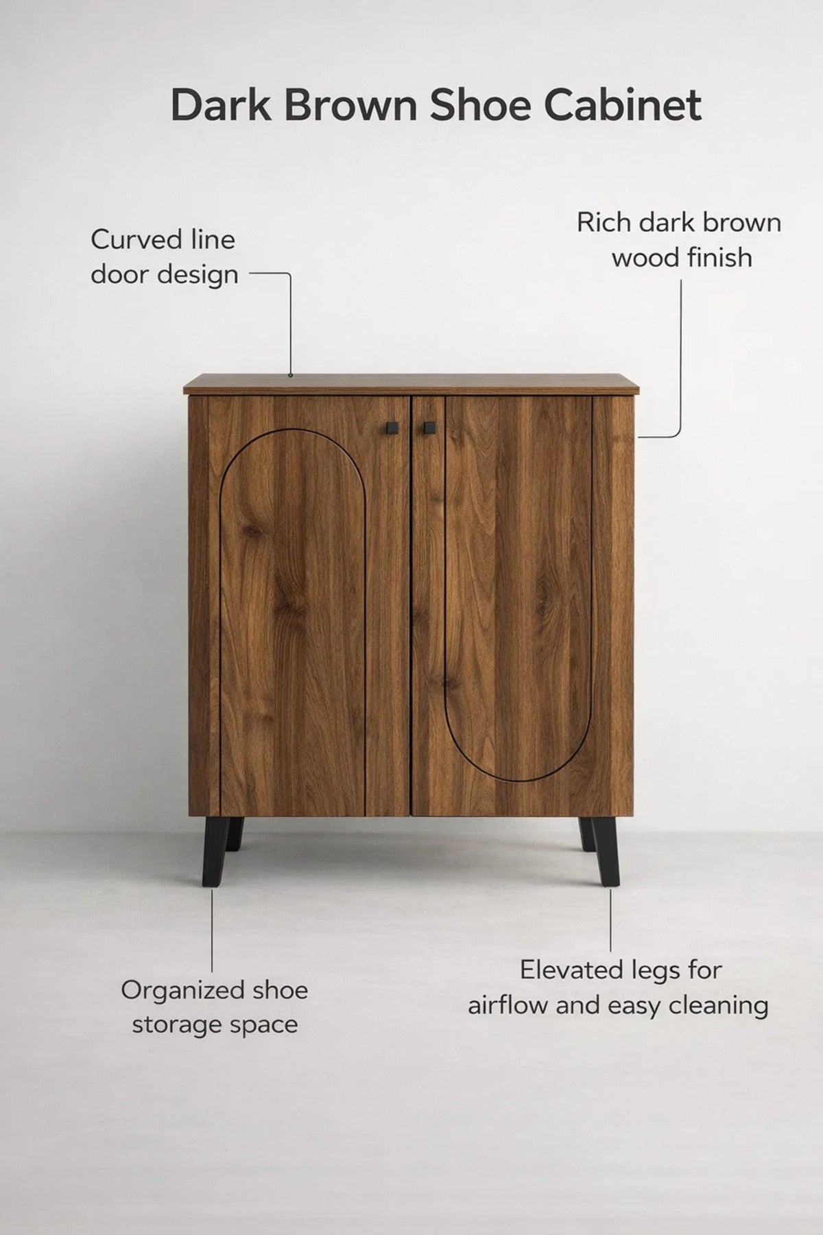 Modern Wooden Shoe Cabinet Dark Brown with Curved Line Design 80 x 32 x 94 cm