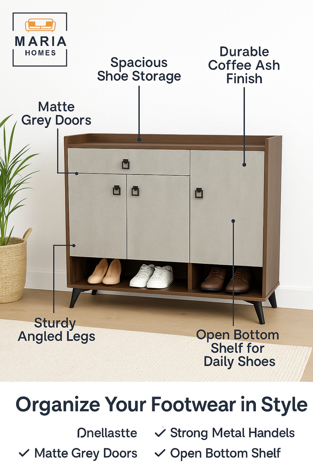 Modern Coffee Ash Shoes Cabinet Ð 100_32_100 cm with Dual-Tone Finish and Metal Legs
