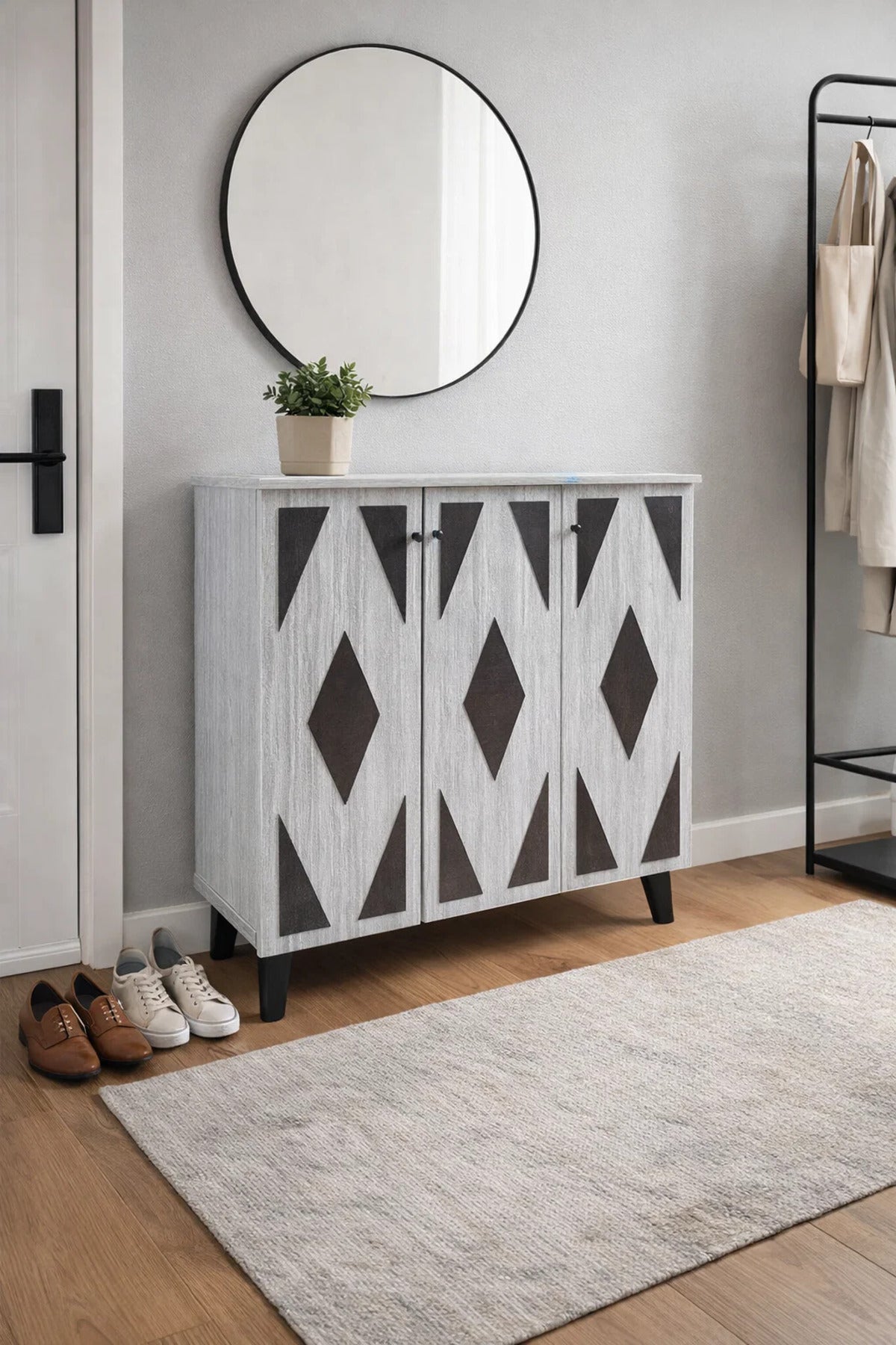 Modern 3-Door Shoe Cabinet with Geometric Pattern Grey Wood Finish for Stylish Home Entryway Decor