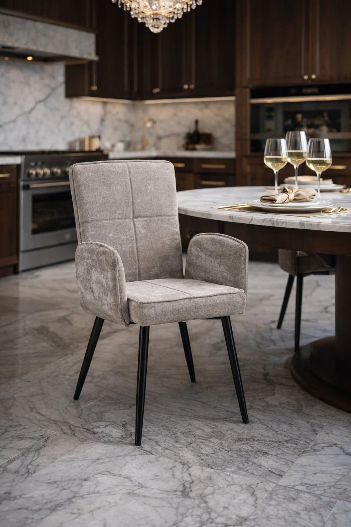 Dark Beige Upholstered Dining Chair with Armrests and Metal Legs 96x49x46cm dark beige