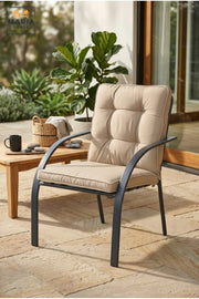 Modern Beige Outdoor Patio Armchair – Cushioned Garden Chair with Metal Frame for Balcony, Terrace & Outdoor Dining