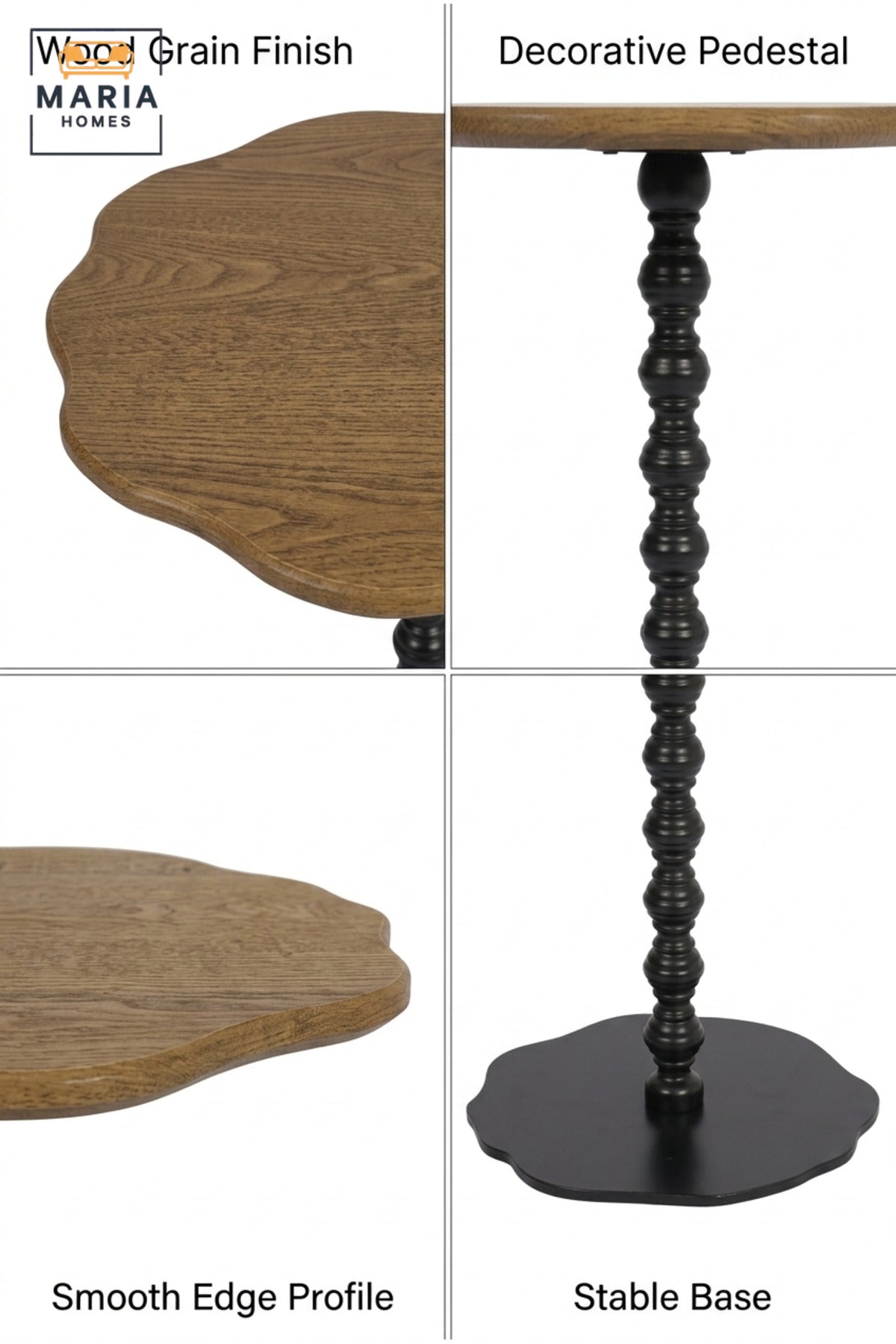 Modern Wood Top Side Table with Decorative Black Pedestal Base, Compact Accent Table for Living Room, Bedroom, Sofa Side & Lounge – 40 × 60 cm