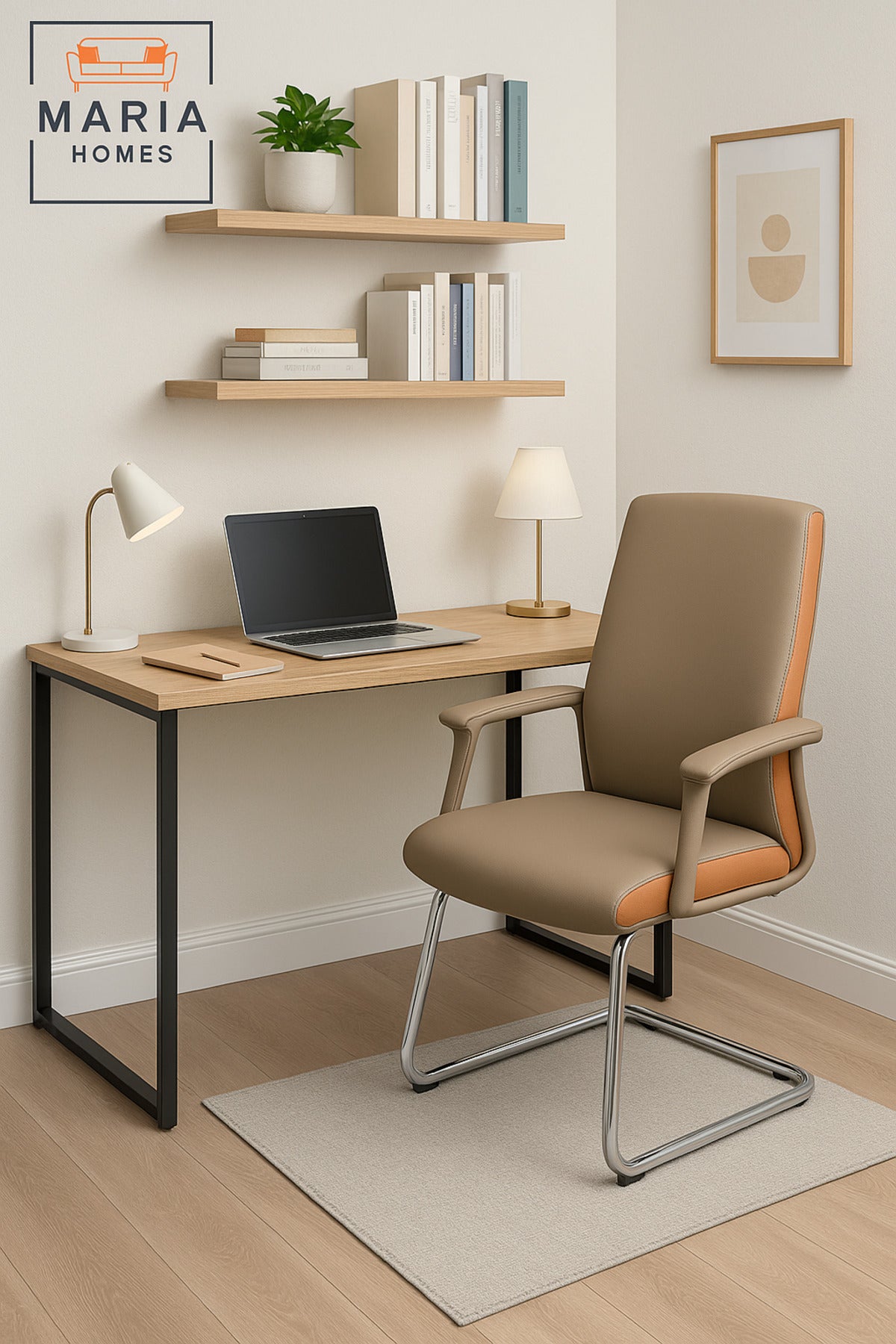 Beige & Orange Visitor Office Chair Ð Modern Leatherette Guest Chair with Chrome Base