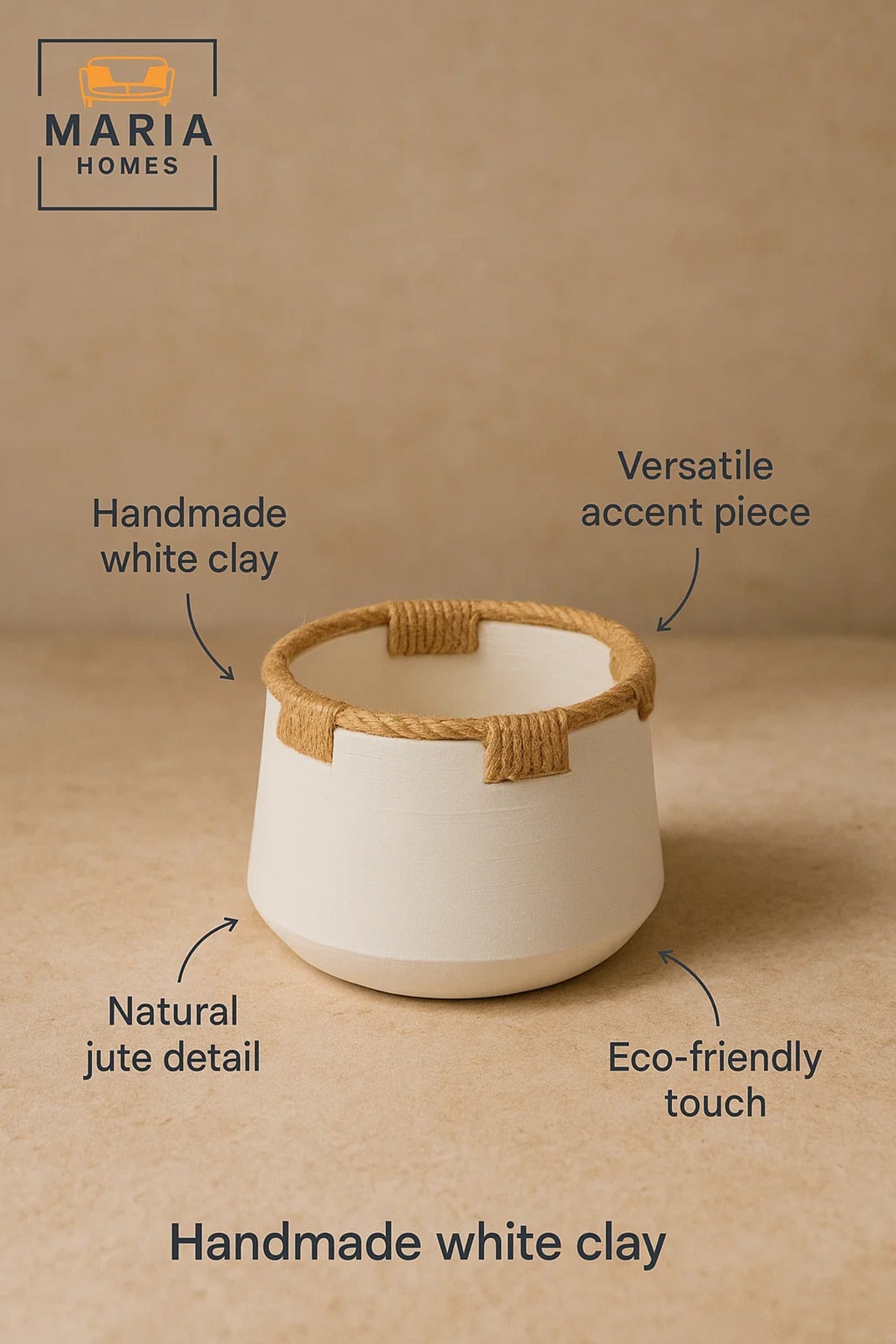 White Ceramic Pot with Jute Rope Trim Ð Minimalist Rustic Accent