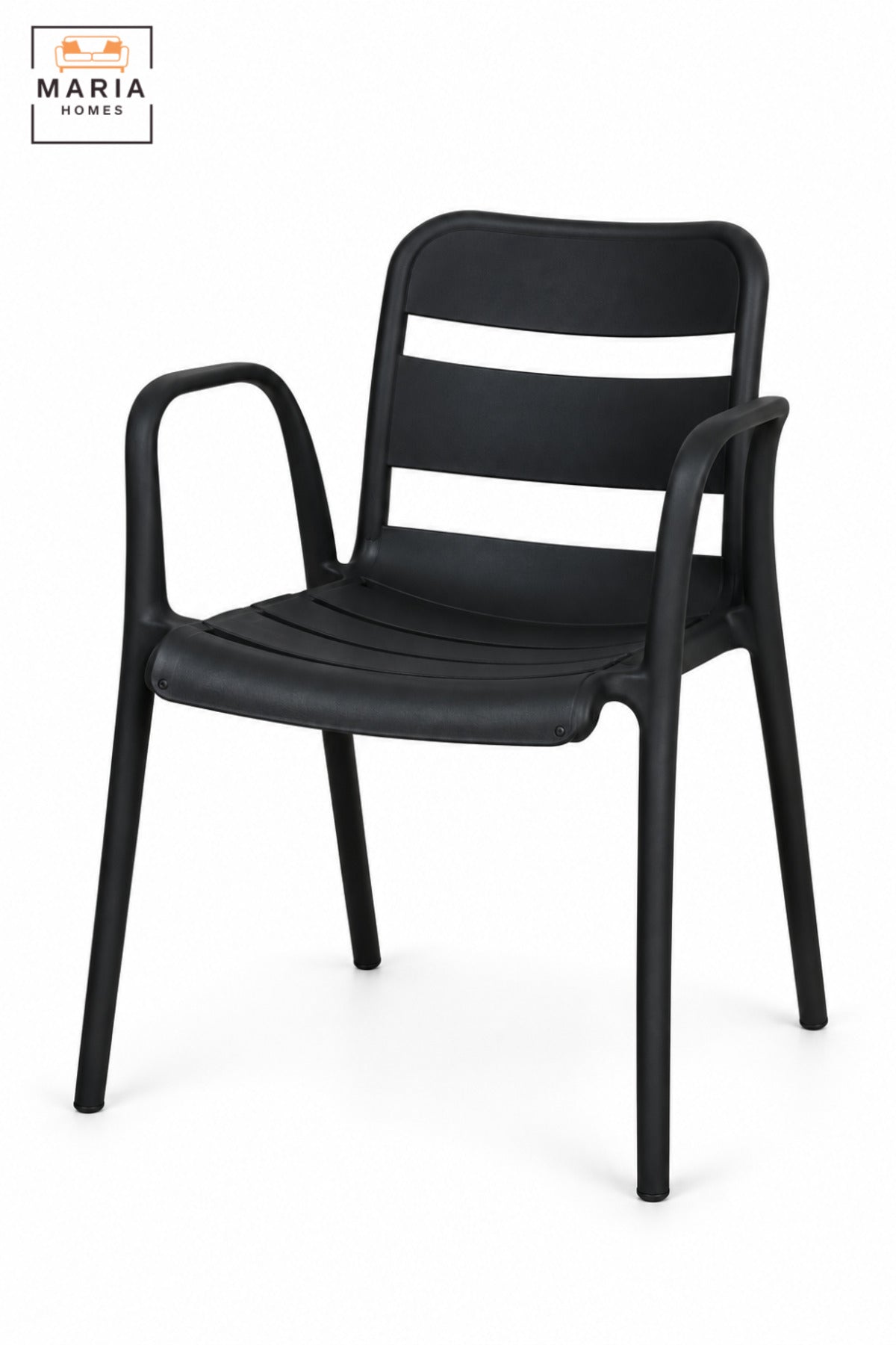 Modern Black Garden Chair with Armrests, Slatted Open Backrest and Comfortable Curved Seat for Patio, Balcony, Terrace, Café & Outdoor Seating