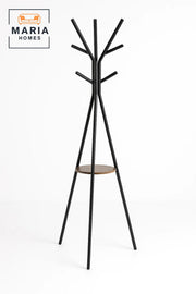 Black Tripod Coat Rack with Wooden Shelf