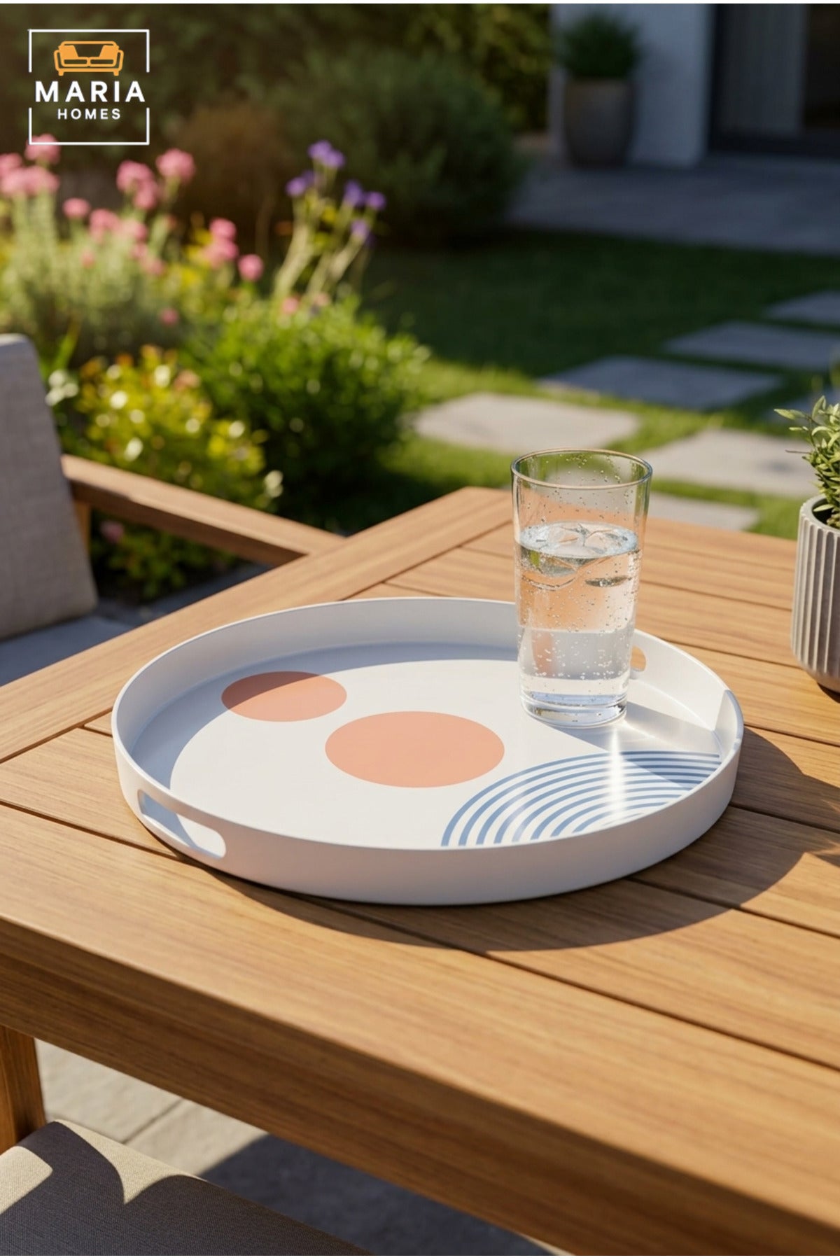 Round Serving Tray with Built-In Handles, Raised Rim and Abstract Pattern, Multipurpose Food and Drinks Tray for Kitchen, Dining, Café and Hotel