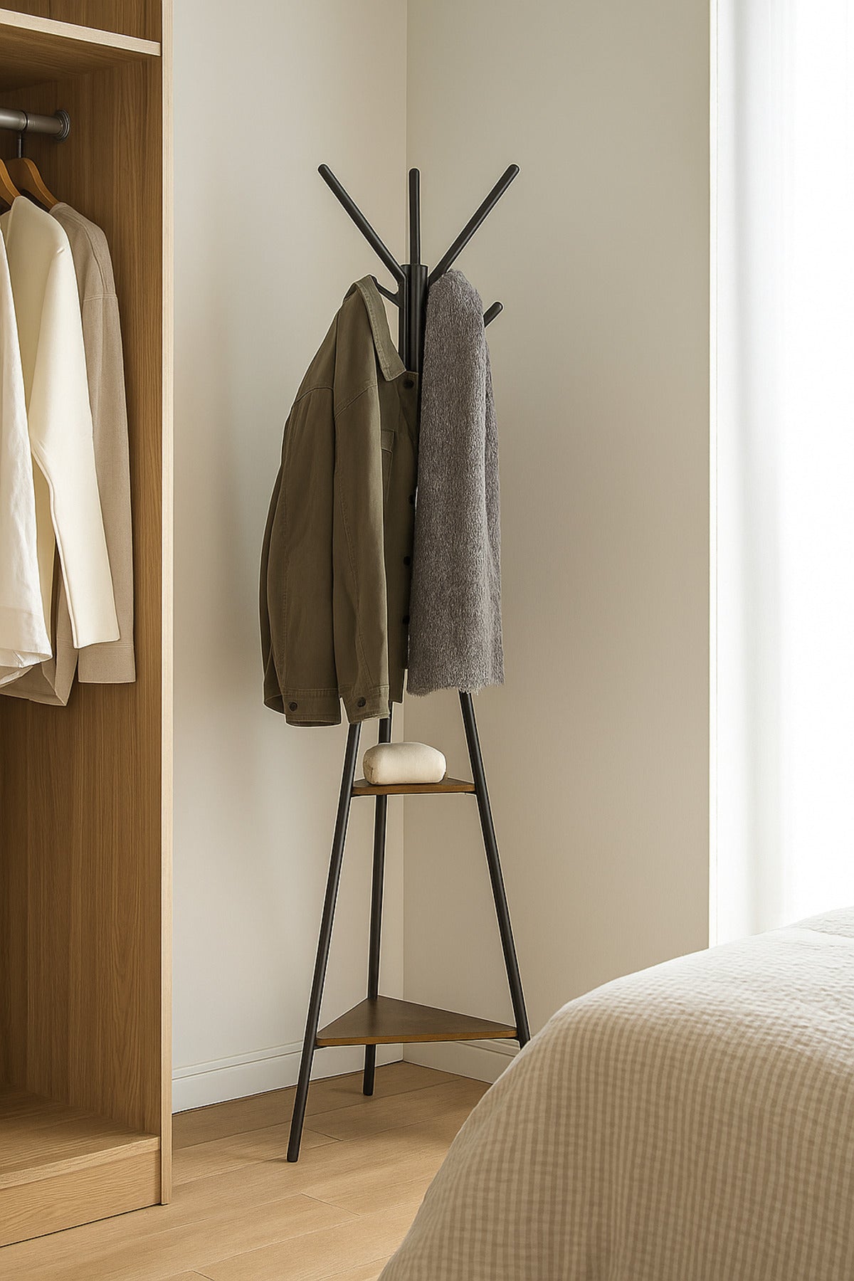 Modern Black Coat Rack Ð Metal Clothes Stand with Dual Wooden Shelves for Entryway & Bedroom