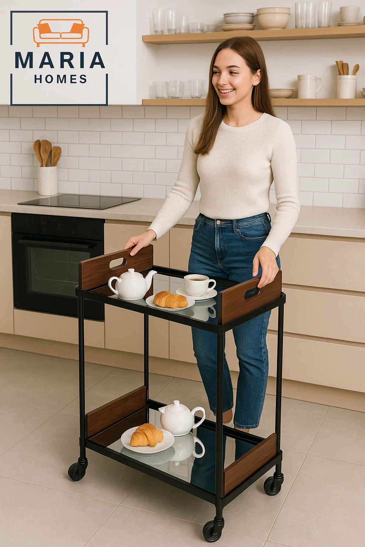 Modern Mirror Bar Cart Ð 2-tier Serving Trolley With Wood Accents And Black Metal Frame On Wheels