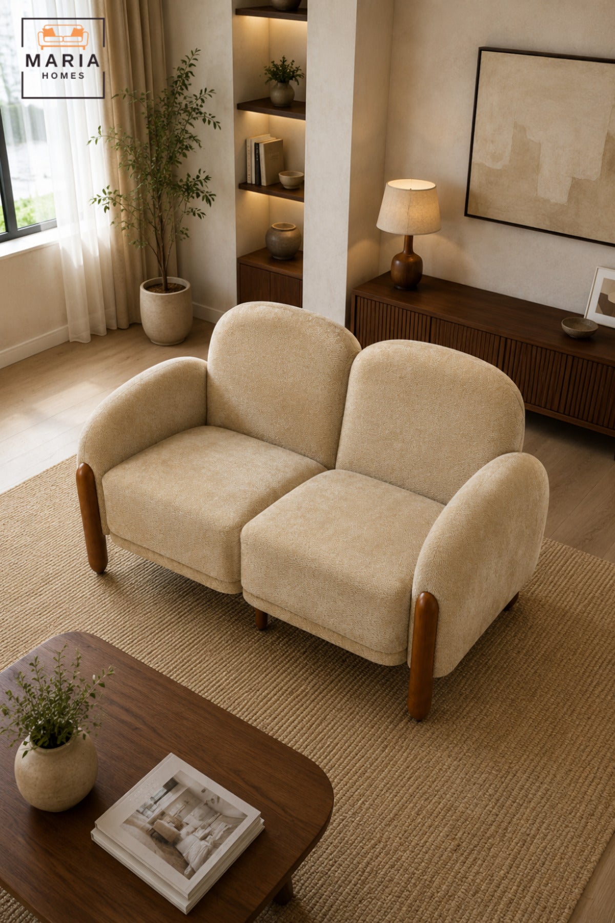 Modern 2 Seater Upholstered Sofa with Curved Armrests, Padded Cushions, Rounded Backrest and Wooden Legs for Living Room, Lounge and Bedroom