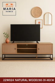 Natural Wood TV Stand with Woven Rattan Doors and Metal Base Ð 180x39x48 cm