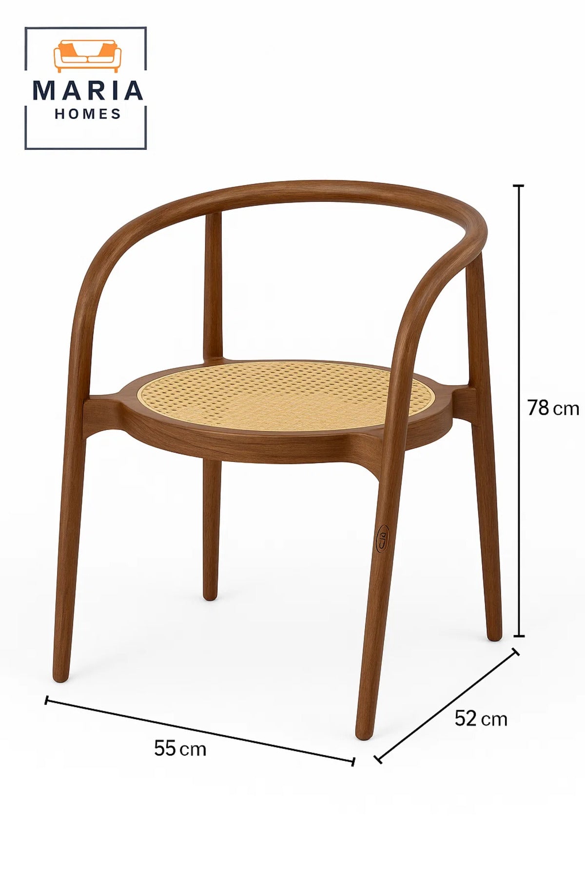 Round Back Walnut Cane Chair Ð Elegant Curved Wood Frame Armchair with Woven Rattan Seat