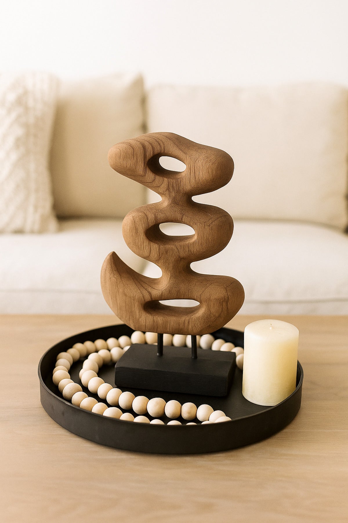 Walnut and Black Wooden Abstract Decorative Sculpture on Stand √ê Modern Art Accent