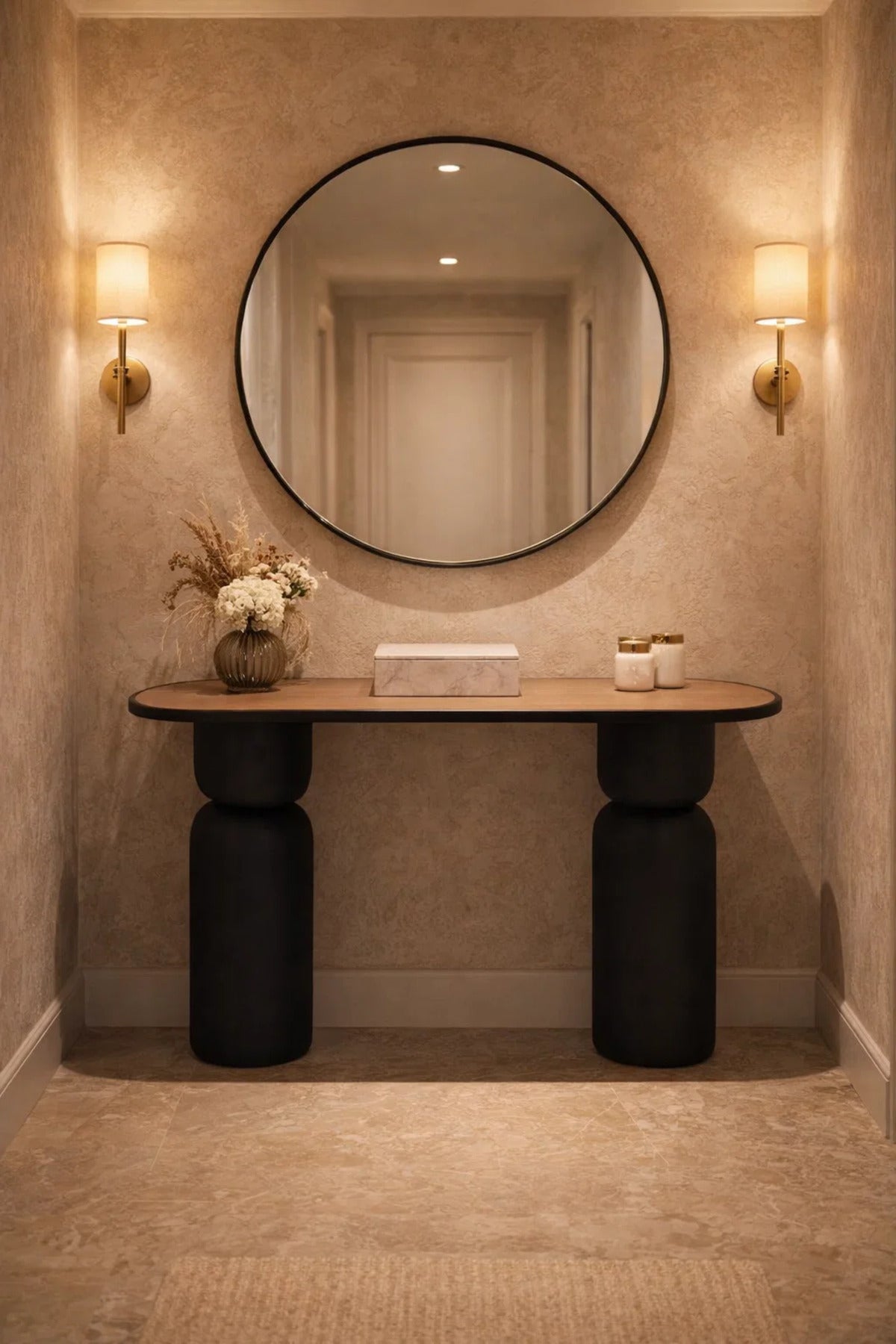 Contemporary Wood Top Console Table with Sculptural Black Legs for Modern Living Rooms 120cm