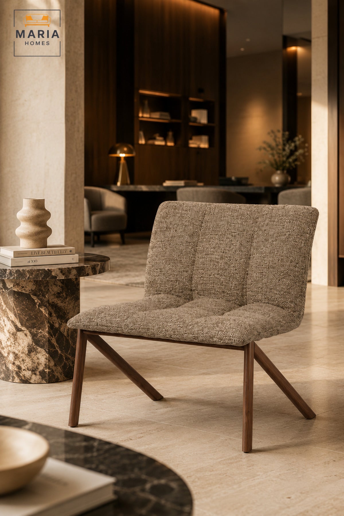 Modern Accent Lounge Chair with Wood Print Legs Upholstered Fabric Occasional Chair for Living Room, Bedroom & Reception Area Coffee Beige