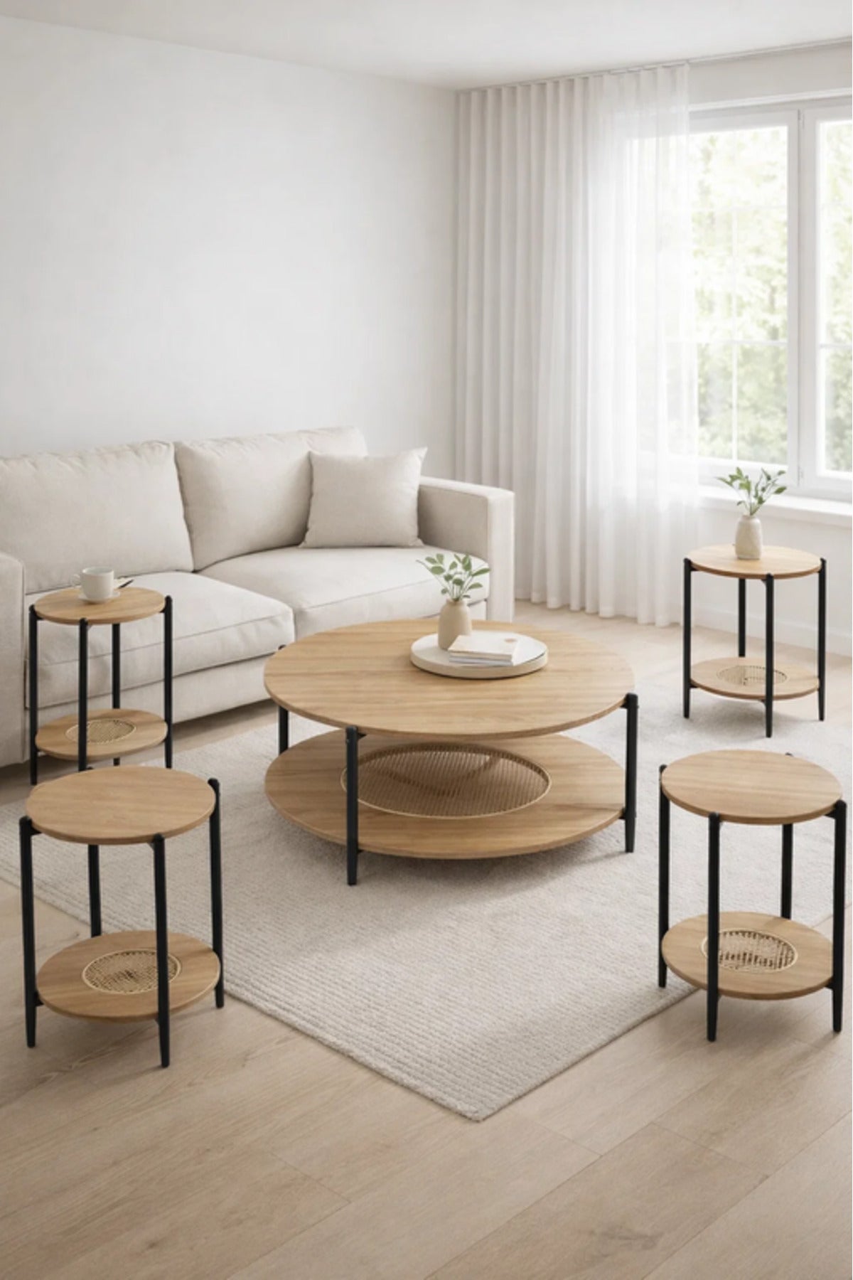 Modern 5-Piece WOOD Concrete and Metal Coffee Table Set