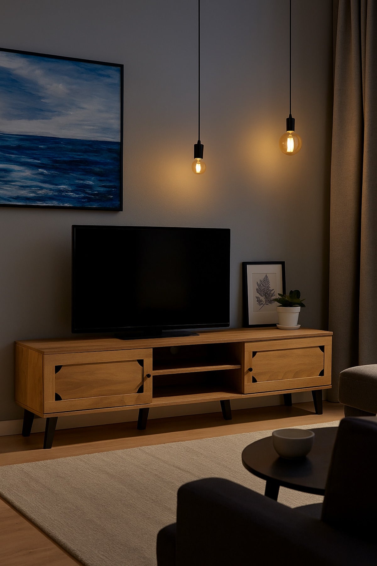 Light Brown Wooden TV Stand 180_40_44 cm Ð Modern TV Unit with Storage Cabinets and Open Shelves