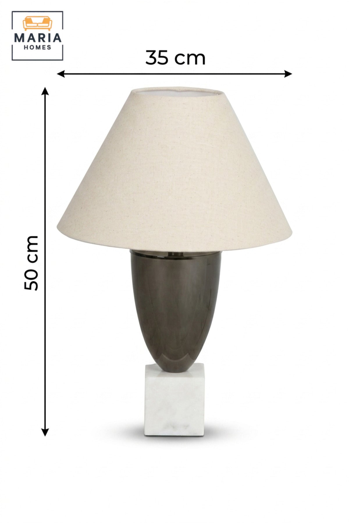 Luxury Dark Grey Table Lamp with Beige Fabric Shade, Sculptural Oval Body and White Marble Cube Base for Bedroom, Living Room, Office and Hotel Décor
