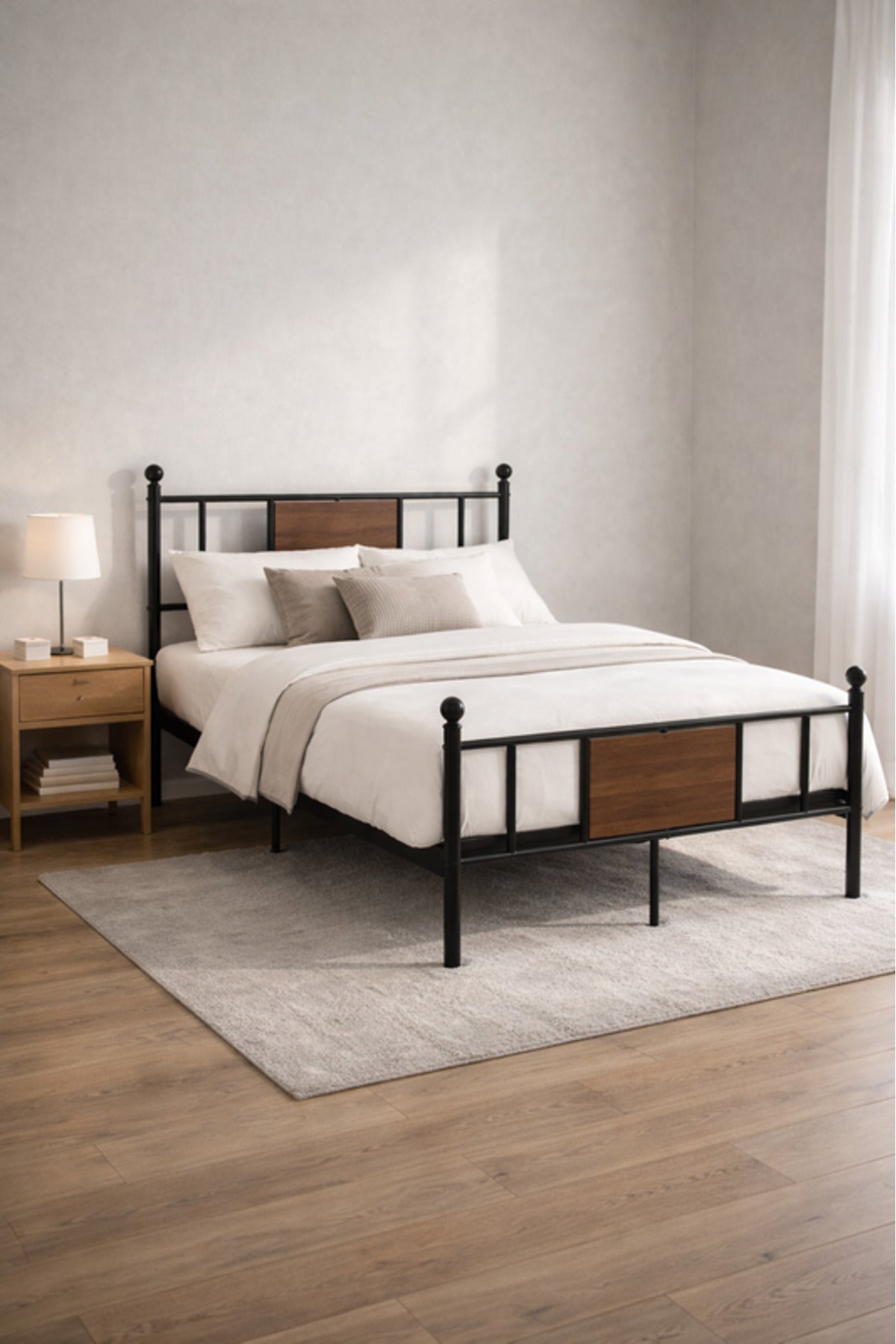 Black Metal Bed Frame with Wood Panels