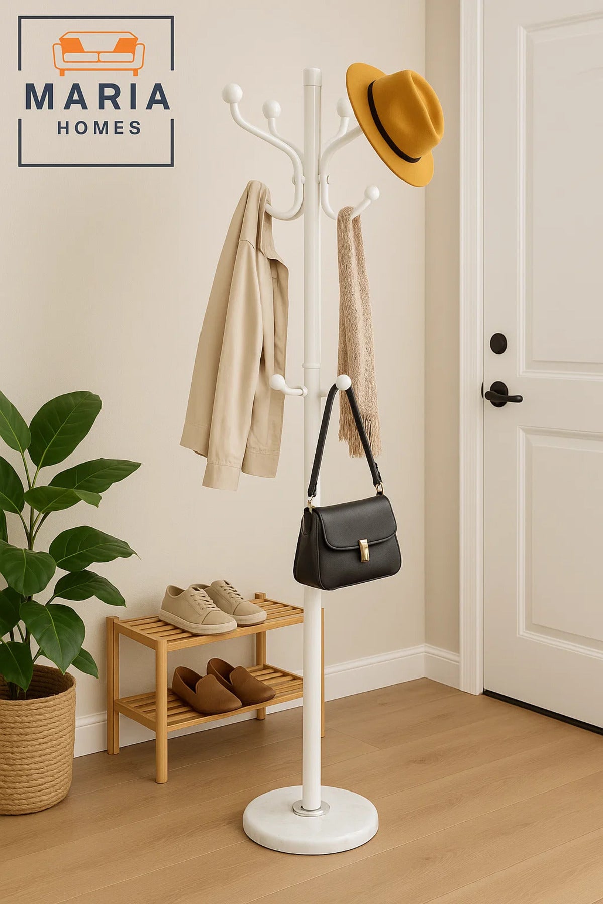 White Multi-Hook Coat Rack with Round Marble-Look Base