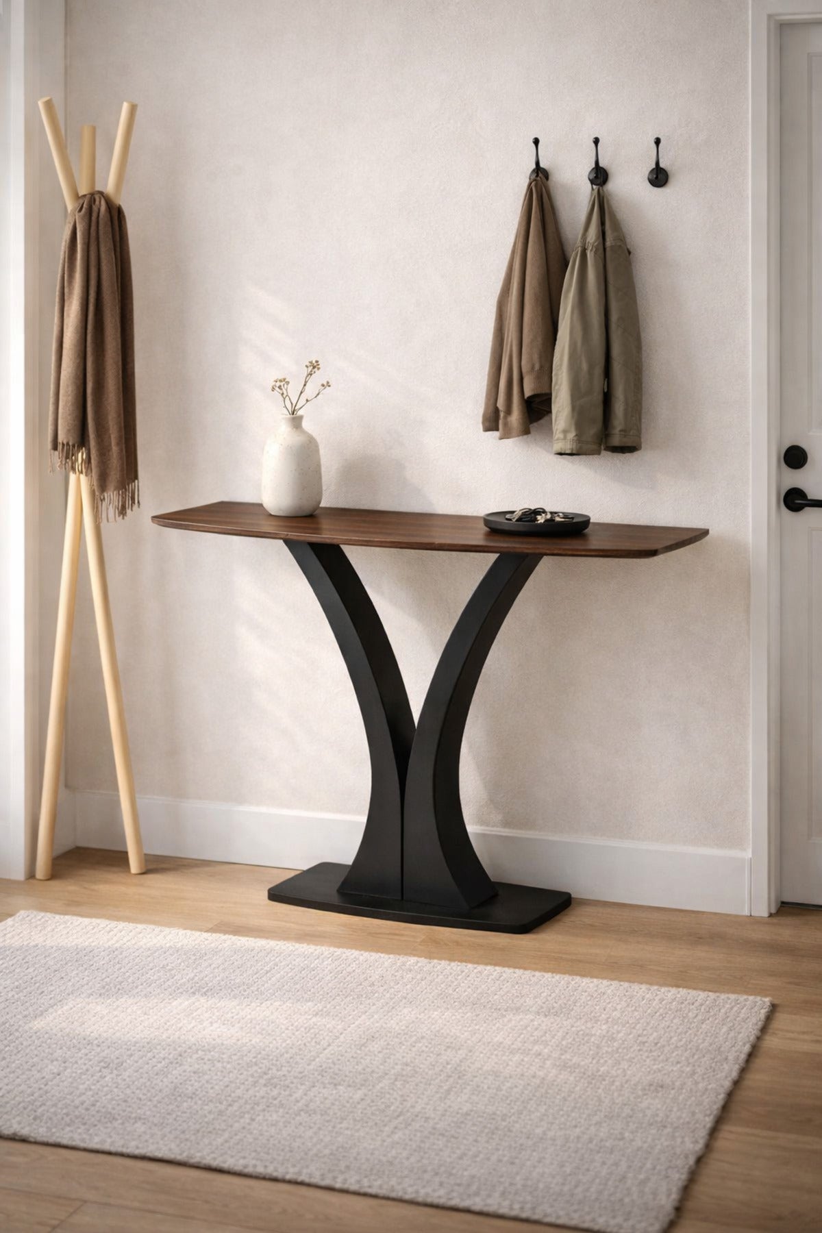 Brown Console Table with Black Metal Base Modern Entryway brown console table