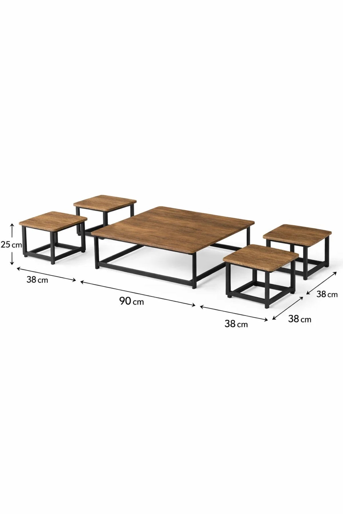 Rustic Brown 5-Piece Low Floor Coffee Table Set Industrial Metal Frame Center Table for Living Room