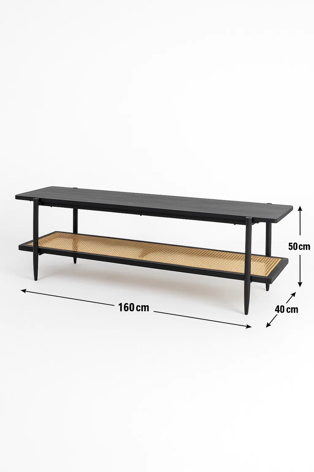 Contemporary Black TV Stand with Rattan Shelf Ð 160x40x50 cm Two-Tier Media Console
