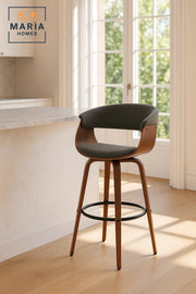 Dark Grey Swivel Bar Stool with Curved Wood Backrest, Upholstered Seat, Metal Footrest for Kitchen